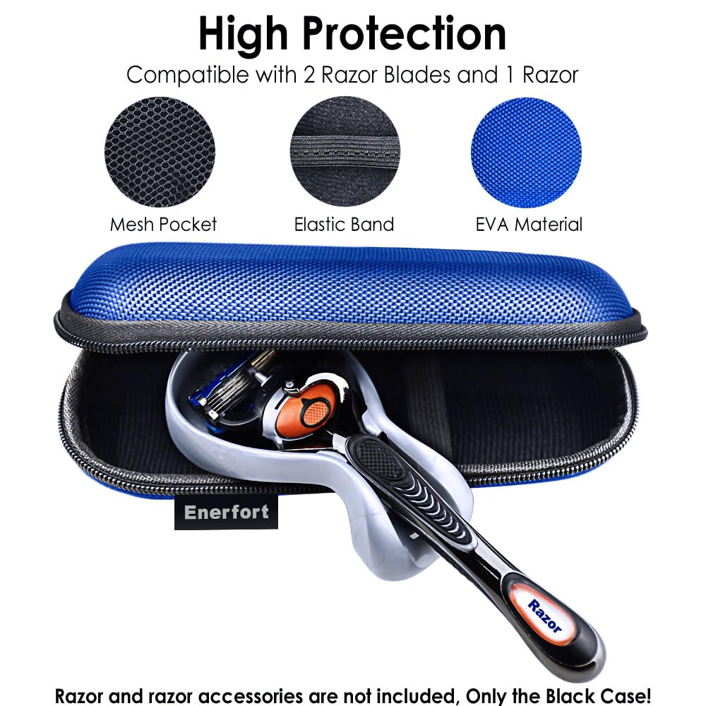 Enerfort Hard EVA Razor Travel Case Compatible with Gillette Men's Razor - Mesh Pocket for 2 Razor Blades + Lightweight Carrying Handle + Durable Zipper (Only Case) (Blue)