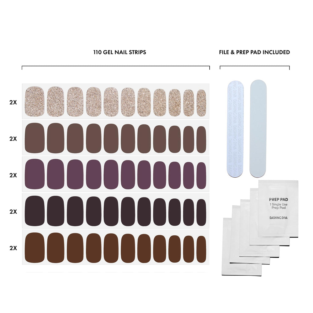 Dashing Diva Gloss Nail Strips 5-in-1 Kit - Best of Browns - UV Free, Chip Resistant, Long Lasting Gel Nail Stickers - Contains 110 wraps, 5 prep pads, 2 nail files