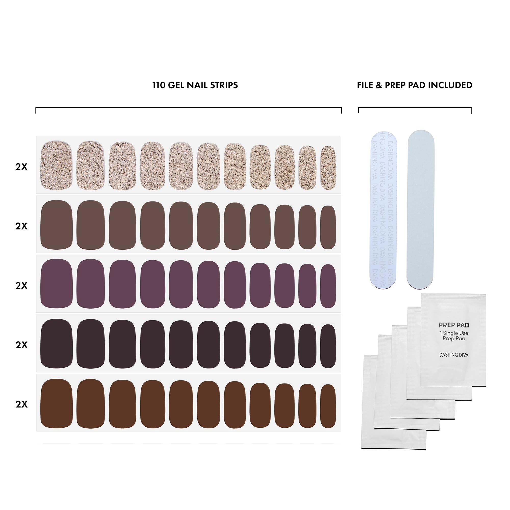 Dashing Diva Gloss Nail Strips 5-in-1 Kit - Best of Browns - UV Free, Chip Resistant, Long Lasting Gel Nail Stickers - Contains 110 wraps, 5 prep pads, 2 nail files