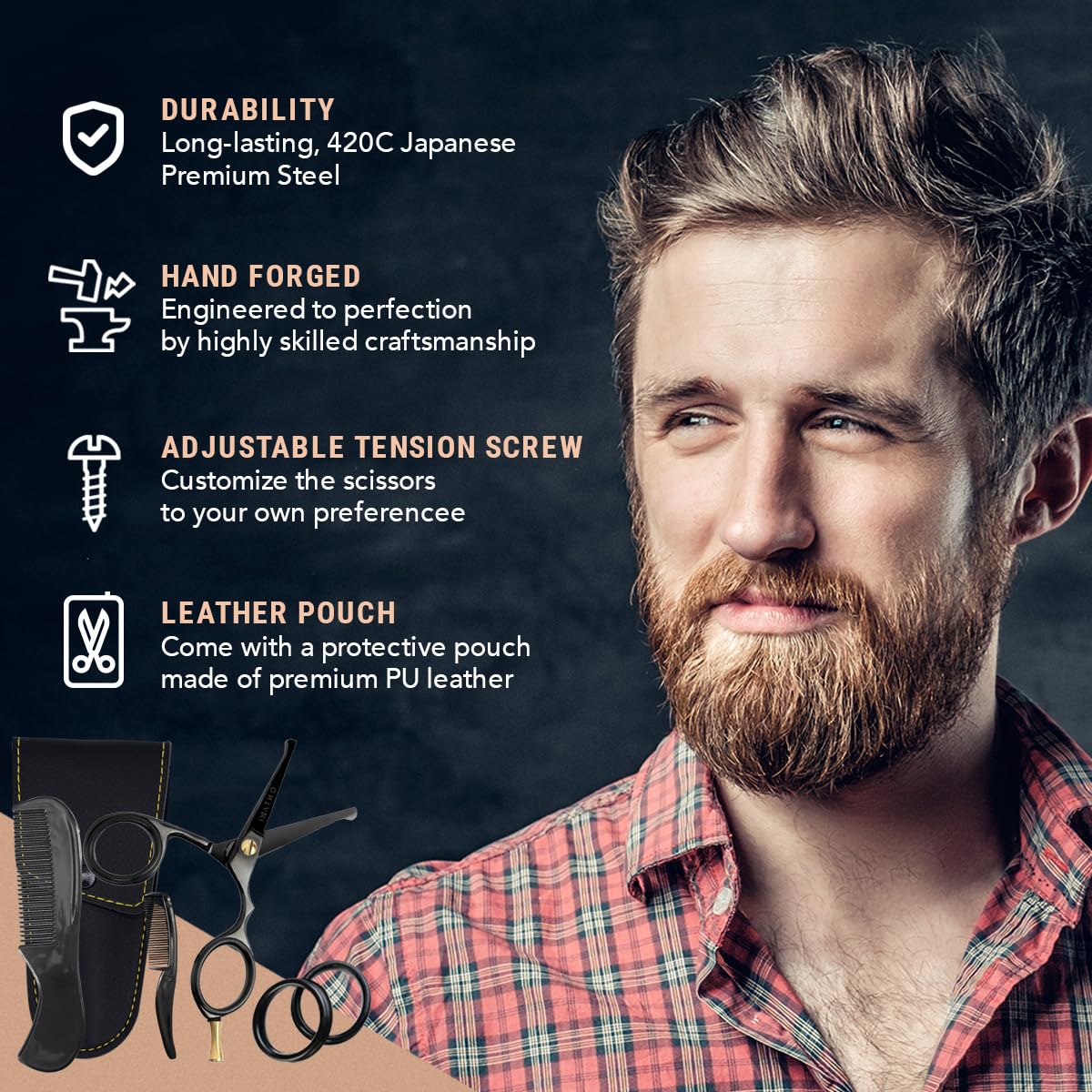 Ontaki Beard and Mustache Scissors For Men - 4.2-inch, Silver, 420C Japanese Steel, Multipurpose Round Edges - Mens Grooming Scissors for Styled Look - Beard Trimming Kit for All Hair Types