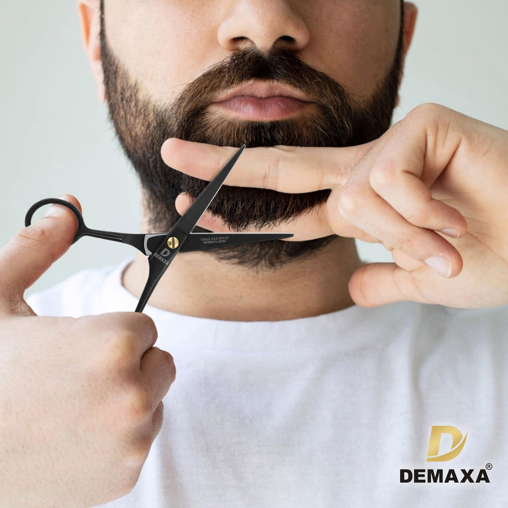 DEMAXA 5" Professional Mustache Scissors Beard Scissors for Men with Fine tip Tweezers 1 Mustache Comb 1 Beard Comb & Pouch – Beard Trimming kit & Mustache Kit (Black Shears With Tweezer)