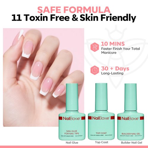 Modelones Gel Nail Kit, Top Coat, Nail Builder Gel and Nail Glue for Nail Tips, Press On Nails Kit with LED Light, 150 PCS Long Pink Square, 15 Sizes French Tip Press on Nails
