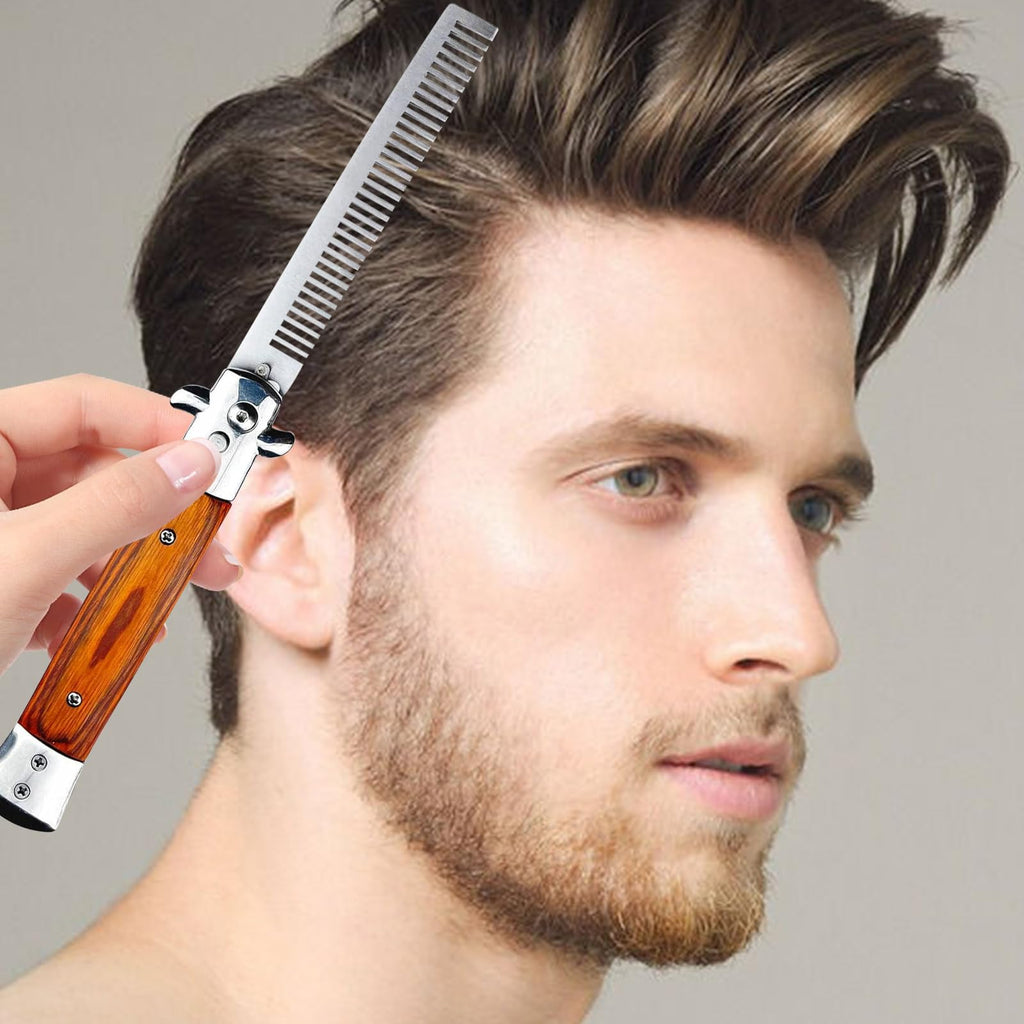 2 Pack Automatic Switch Folding Practice Combs, Stainless Steel Butterfly Comb, Switchblades Comb, Outdoor Training Pocket Combs, Hair Brush for Beard, Mustache, Hair Styling Tools(Black&Brown)