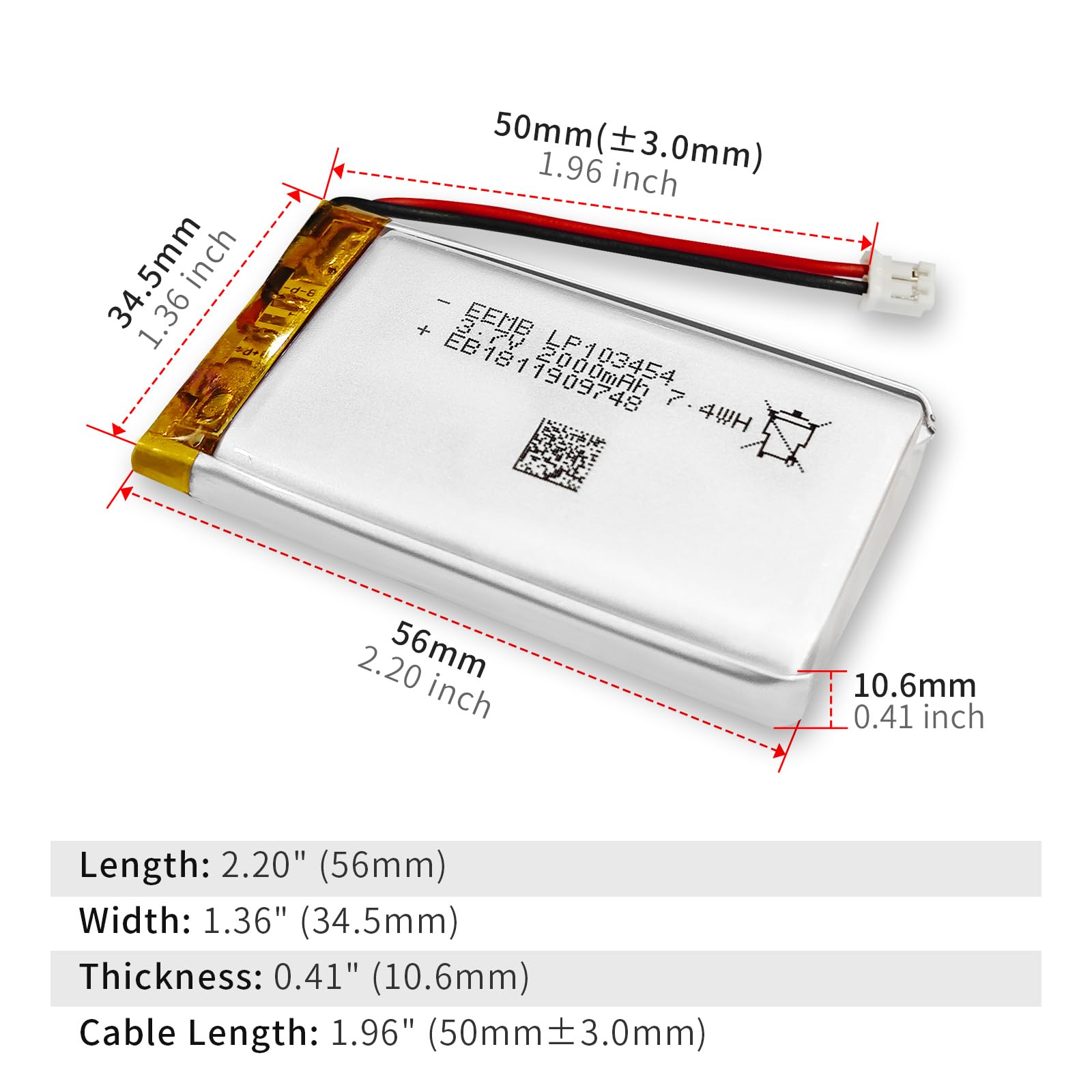 EEMB 3.7V 103454 2000mAh Lipo Battery Rechargeable JST 2.0mm 1-Pack