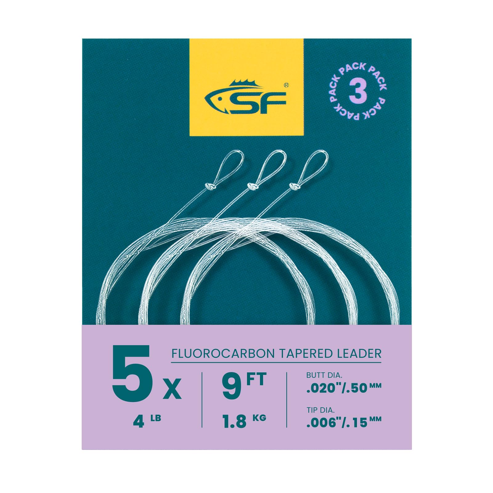 SF 3 Packs Pre-Tied Loop Fly Fishing Tapered Leader Fluorocarbon 9FT 5X