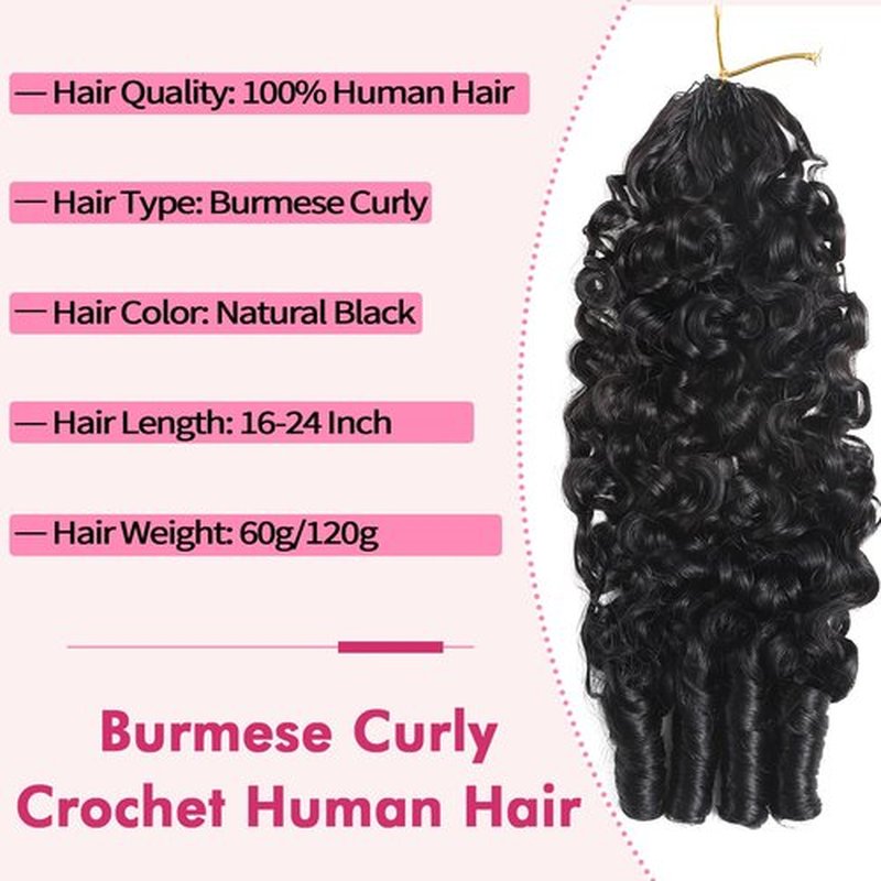 Beauty Queen Burmese Curly Crochet Human Hair 16inch 60g Knotless Pre-Separated Feather Human Crochet Hair Lightweight Reusable Remy Hair Extensions With Spiral Curl for Women Natural Black Color