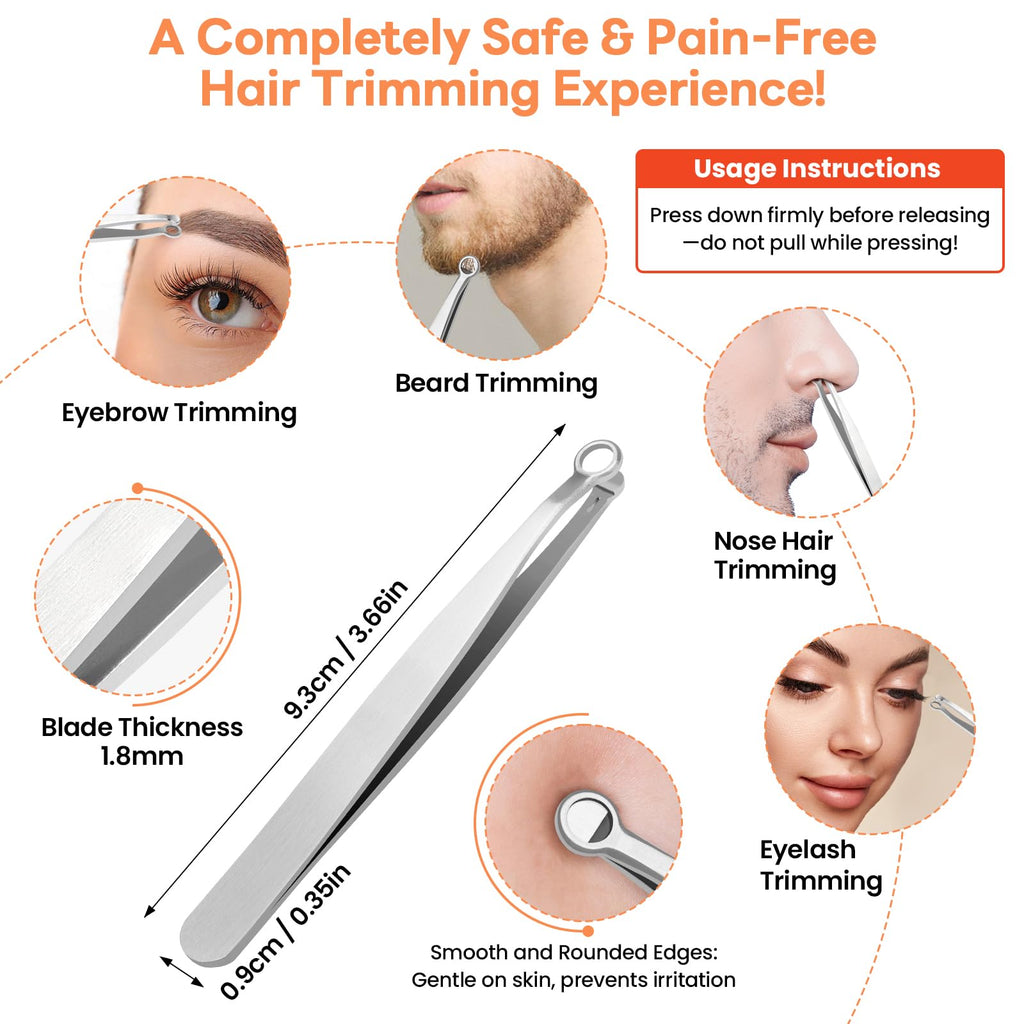 THRAU Nose Hair Trimmer for Men & Women, Stainless Steel Facial Hair Remover for Ear, Eyebrow and Beard, Round tip Trimming Tweezers, Body Grooming Kit