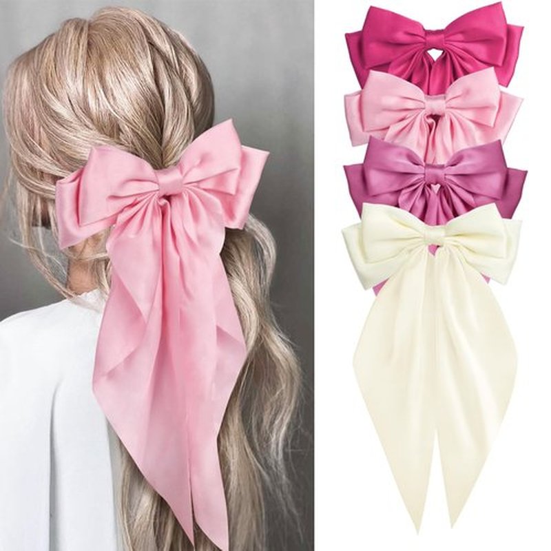 MIKONIKO Silky Satin Hair Bows for Women Girls - 4PCS Ribbon Bows for Hair, Big Bow Hair Clips with Long Tail, Barrettes - Cute Hair Accessories Gifts (Hot Pink, Light Pink, Royal Pink, Beige)