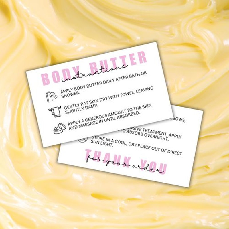 Body Butter Care Instruction Cards | 50 pk 2x3.5” Client Packaging Bulk Jar Ingredient Warning Label Stickers Container Stick