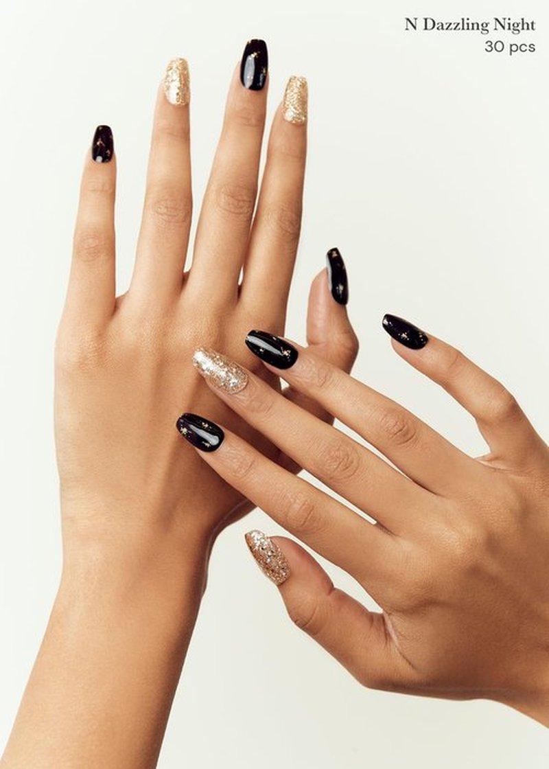 ohora Semi Cured Gel Nail Strips (N Dazzling Night) - Black, Glitter, Works with Any UV/LED Lamps, Salon-Quality, Long Lasting, Easy to Apply & Remove - Includes 2 Prep Pads, Nail File & Wooden Stick