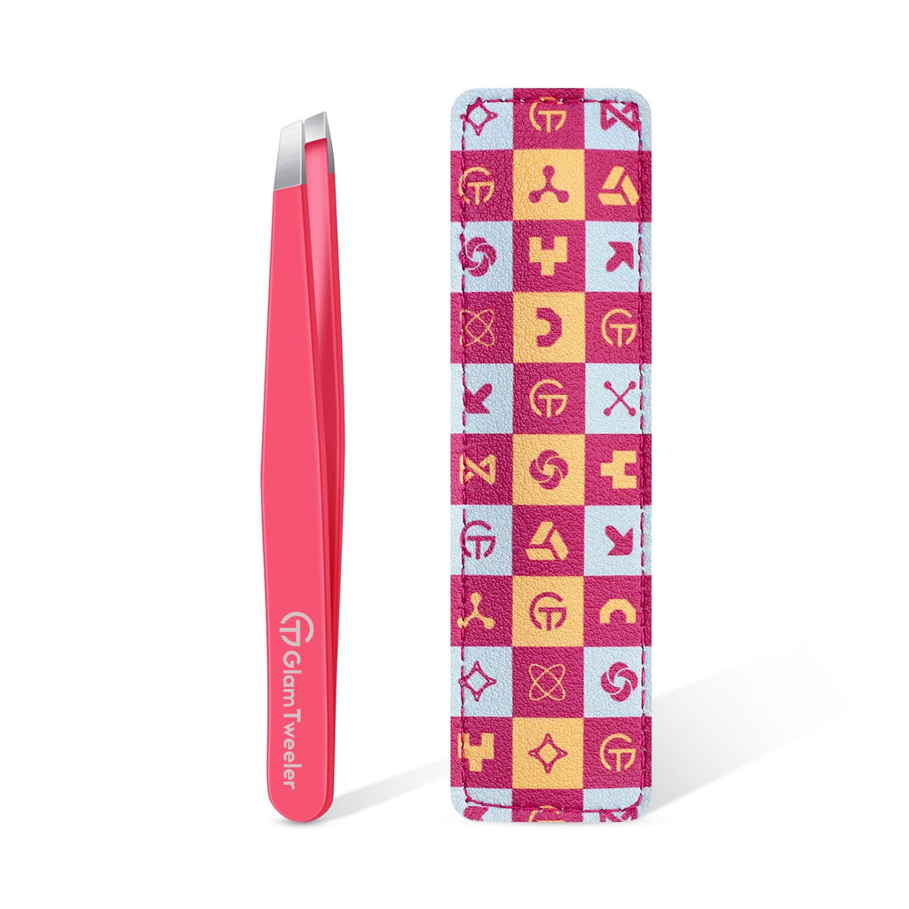 Expert Eyebrow Hair Removal Tweezer with Leather Case, GlamTweeler High Precision Slant Tip Stainless Steel Tweezers for Men and Women (Hot Pink)