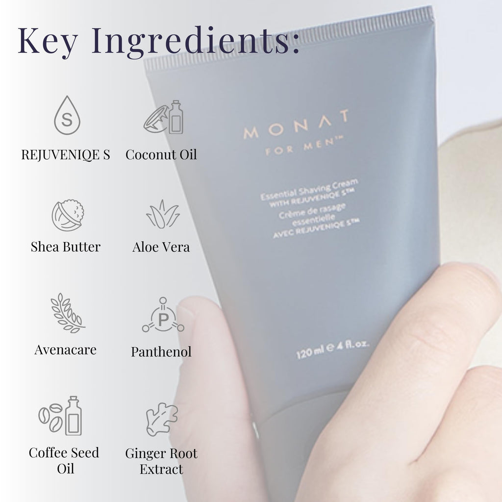 MONAT For Men Essential Shaving Cream - Natural Shaving Cream Includes Shea Butter, Coconut Oil, Aloe Vera, Ginger Root Extract, Panthenol, Avena Care & Coffee Seed Oil - Net Wt. 120 ml / 4 fl. oz.