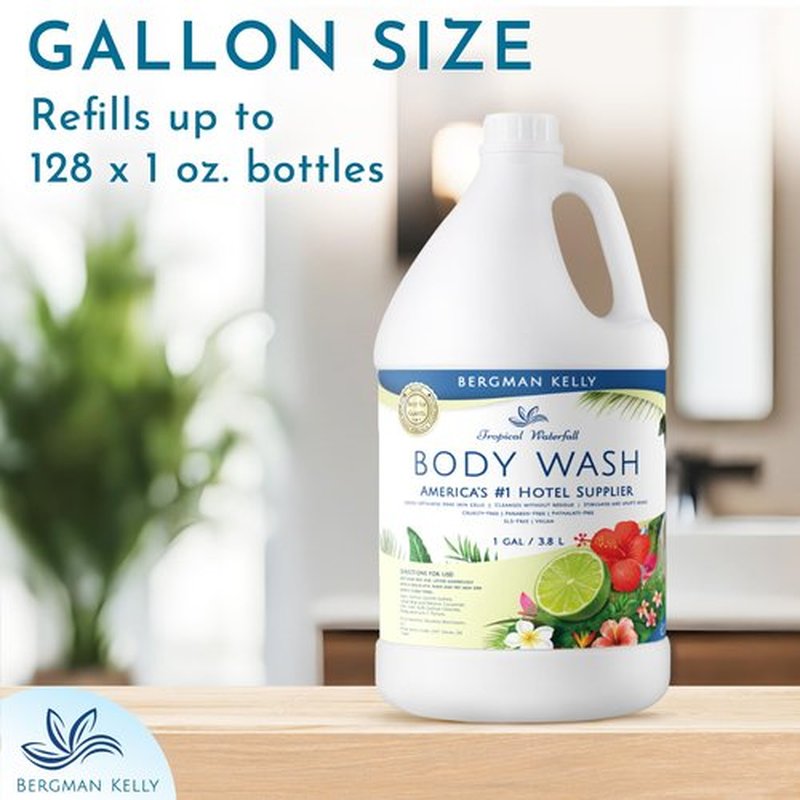 BERGMAN KELLY Refill Gallon Size Body Wash (128 fl oz, Tropical Waterfall Scent), Delight Your Guests with an Invigorating and Refreshing Body Wash, Quality Guest Hotel Toiletries in Bulk