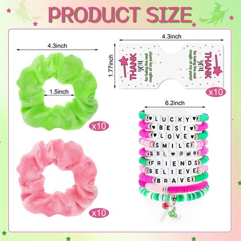 FineCheer 10 Sets Green and Pink Witch Gift for Girls Friendship Magic Bracelet and Scrunchie Bulk for Teen Themed Birthday Party Inspirational Thank You Gifts(Witch Theme)