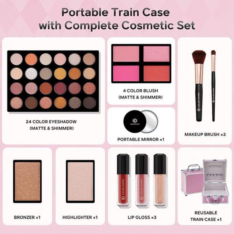 Color Nymph Beginner Makeup Kit - 24-Color Eyeshadow Palette, Blushes, Bronzer & Lipstick | Pink Cosmetic Train Case Included
