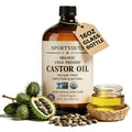 SPORTYOUTH Organic Castor Oil, Cold Pressed, Hexane Free, USDA Certified 100% Pure Unrefined Glass Bottle Non-GMO for Hair Growth, Skin Moisturizer, Face, Lash, Brow, Castor Oil Pack Wrap - 16 fl oz