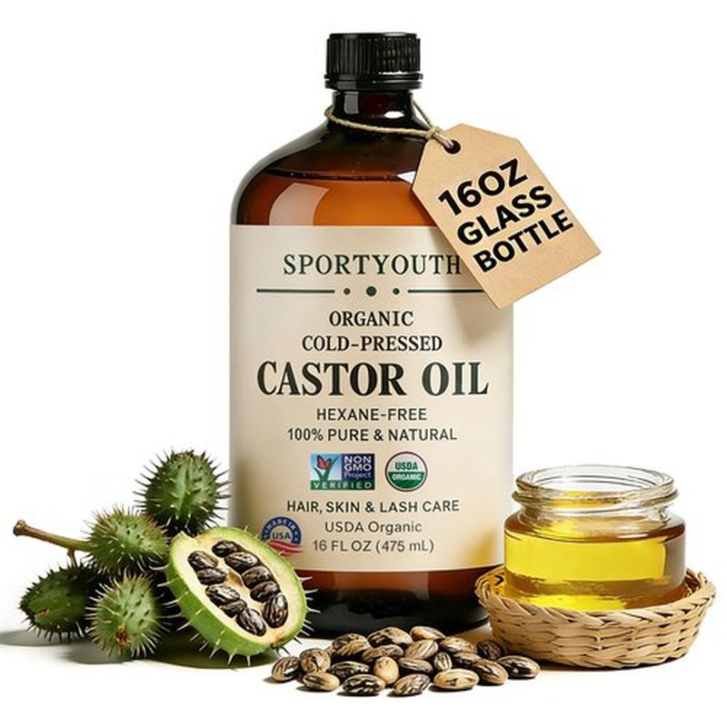 SPORTYOUTH Organic Castor Oil, Cold Pressed, Hexane Free, USDA Certified 100% Pure Unrefined Glass Bottle Non-GMO for Hair Growth, Skin Moisturizer, Face, Lash, Brow, Castor Oil Pack Wrap - 16 fl oz