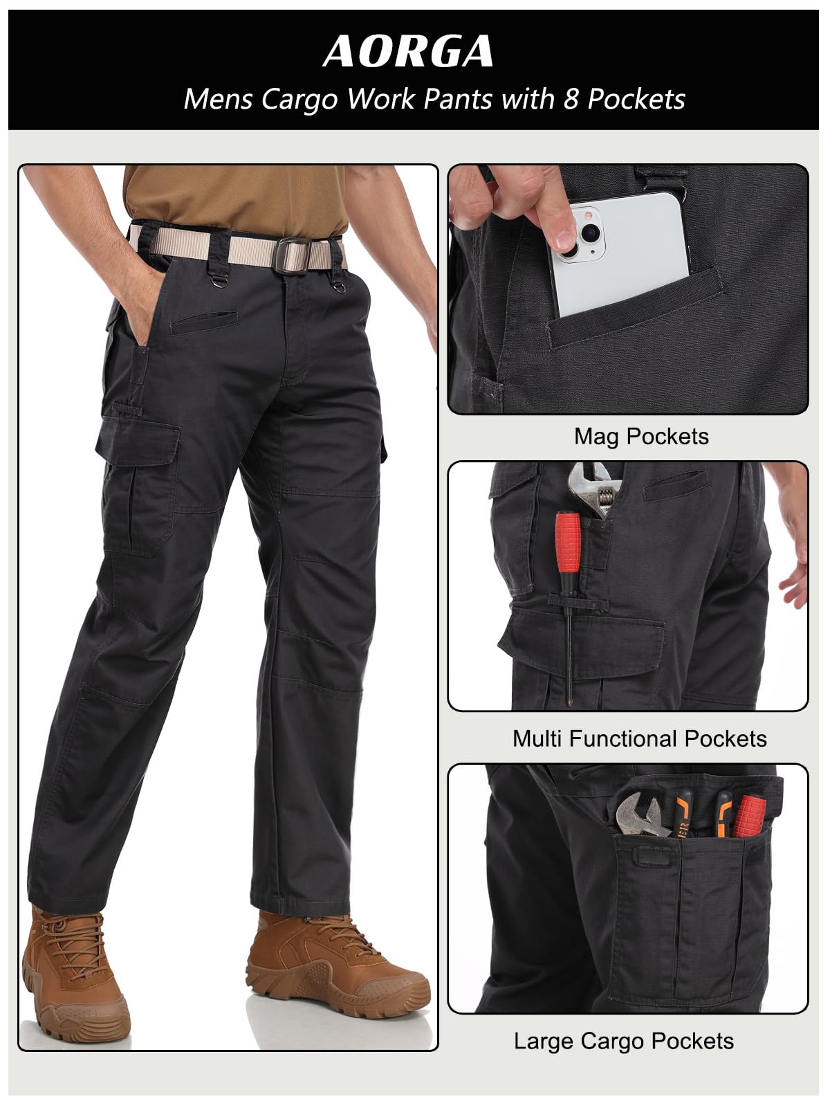 Aorga Cargo Pants for Mens Work Pants Waterproof Outdoor Relaxed Fit Construction Tactical Hiking Pants Lightweight with Pockets Breathable Black 34Wx30L
