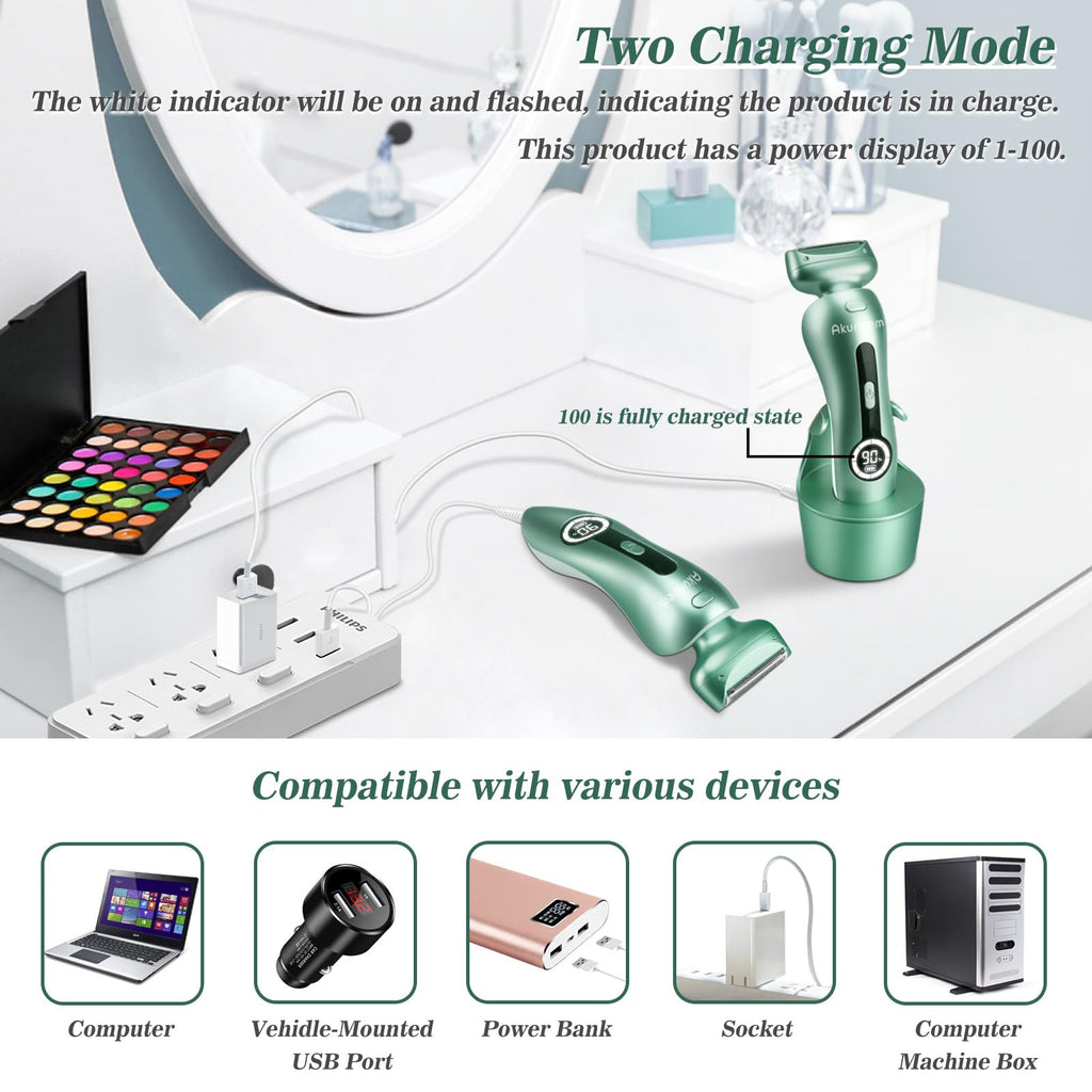 Akunbem Electric Razor for Women Electric Shaver for Legs Bikini Trimmer for Women Underarm Public Hairs Rechargeable Womens Shaver with Detachable Head Wet Dry Use Painless Cordless