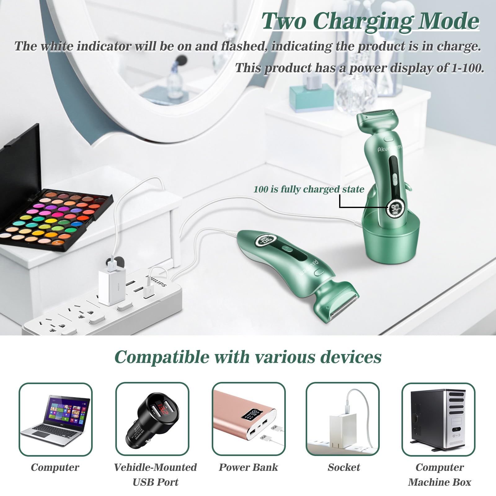 Akunbem Electric Razor for Women Electric Shaver for Legs Bikini Trimmer for Women Underarm Public Hairs Rechargeable Womens Shaver with Detachable Head Wet Dry Use Painless Cordless