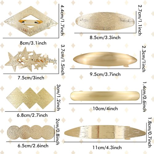 Dizila 8 Pieces Simple Rectangular Oval Star Gold Metal French Hair Barrettes Automatic Spring Snap Hair Clips Clamps Grips Accessories for Women Girls