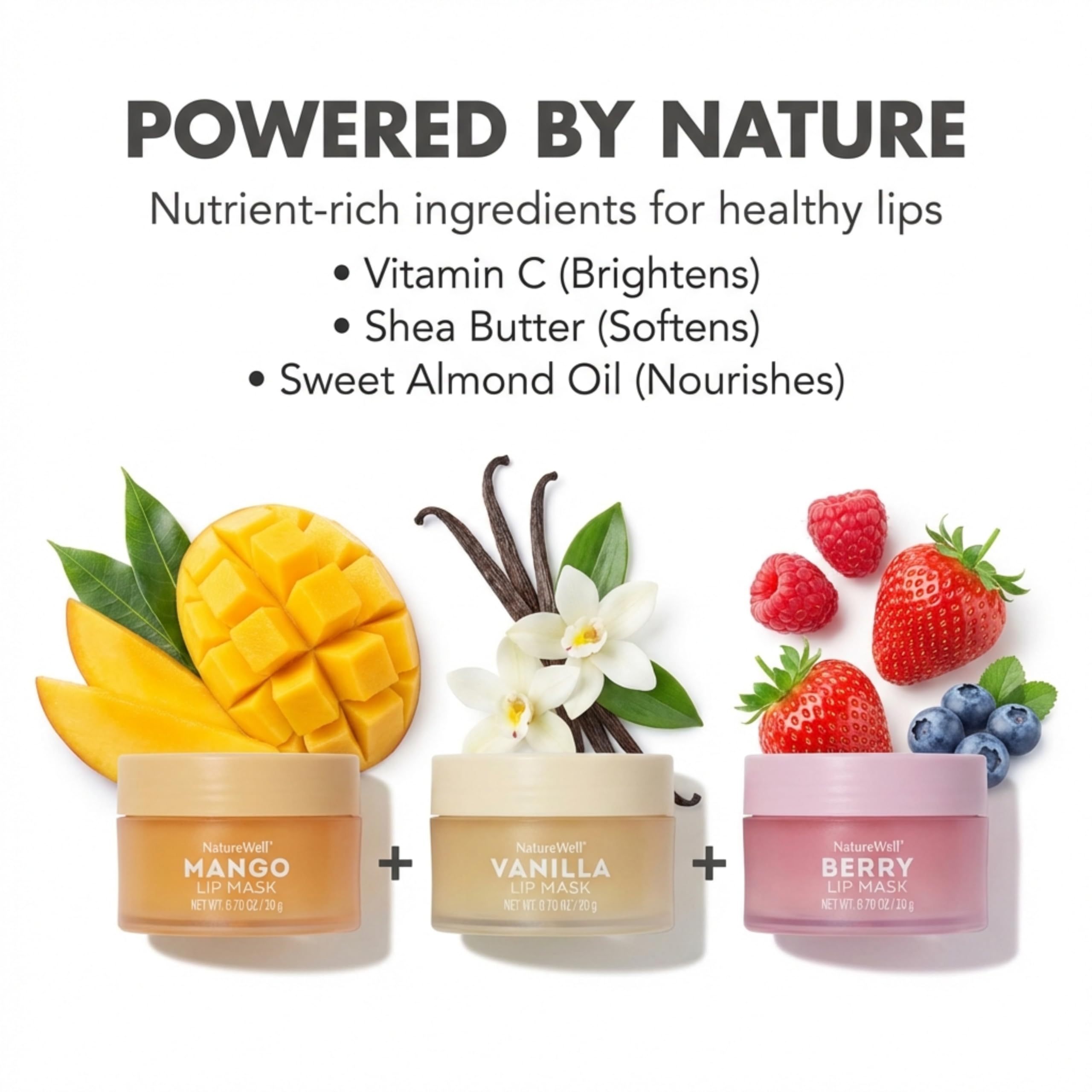 NATURE WELL Hydrating Lip Masks Variety Pack, Includes Mango, Vanilla & Berry Scents, High-Shine, Non-Greasy, Conditioning & Softening, 0.70 Ounce (Pack of 3)
