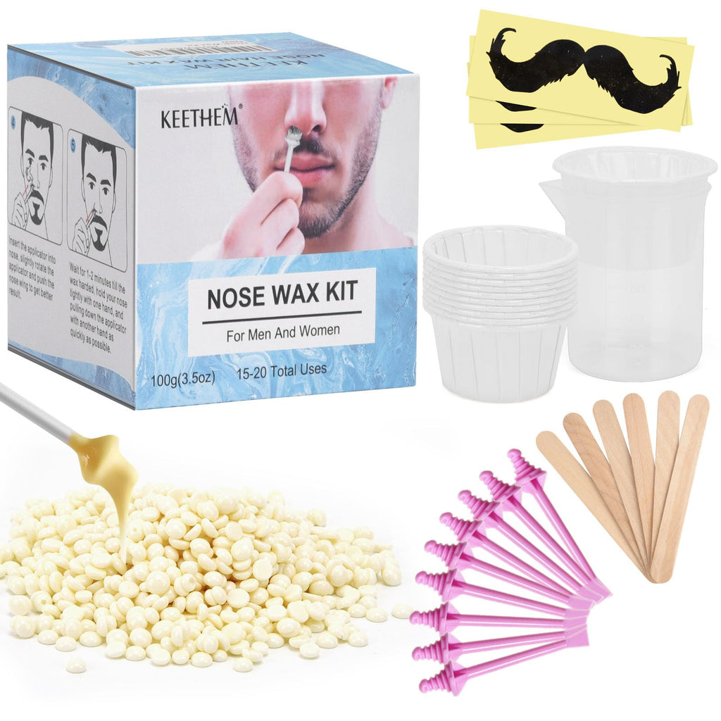 Nose Wax Kit for Men and Women - Instant Hair Removal, 100g Hard Wax, 20 Applicators, 10 Mustache Guards, and 10 Paper Cups - Painless, Safe, and Long-Lasting Results with 20x Usage - Pink Applicators