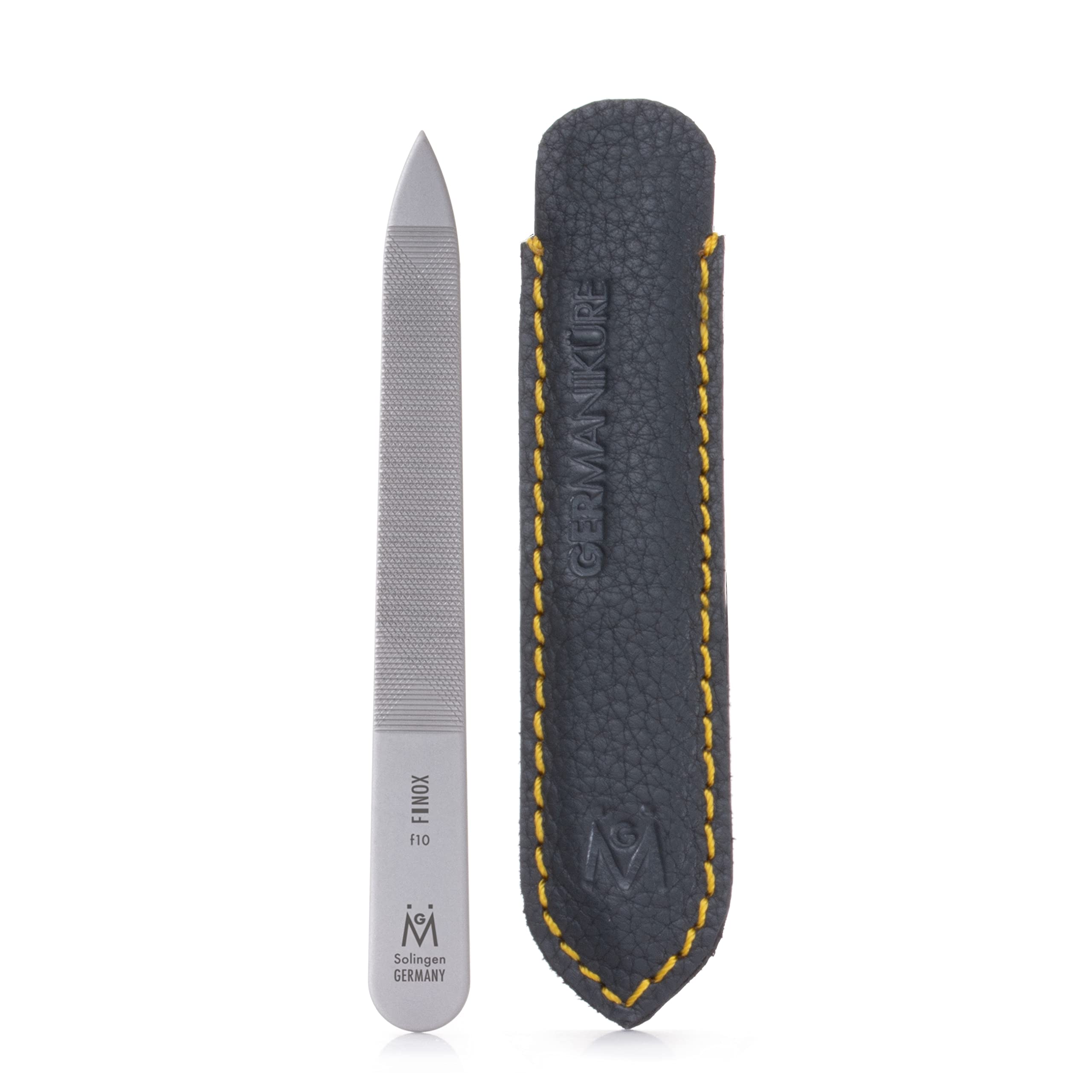GERMANIKURE Original Triple Cut Metal Nail File with Leather Sleeve, Double Sided FINOX Stainless Steel, Ethically Made in Solingen Germany, 15cm
