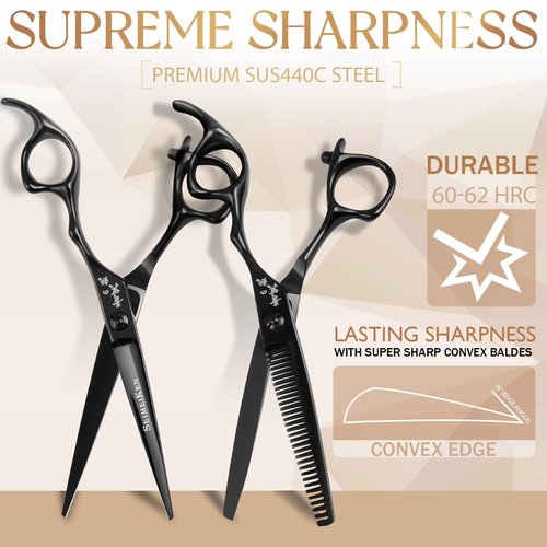 SEIMEIKEN 6" Black Hair Scissors Professional Hair Cutting Scissors and Thinning Shears - Japanese SUS440C Stainless Steel Hair Cutting Shears, Barber Shears - Hair Cutting Kit for Salon & Home Use