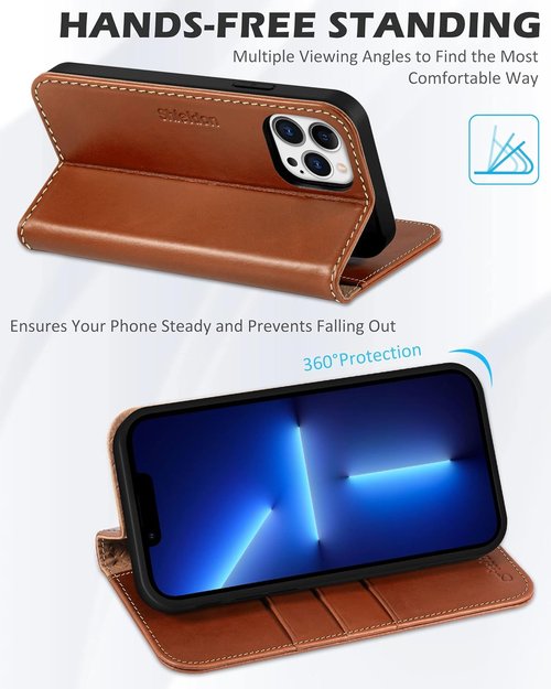 SHIELDON Genuine Leather Folio Wallet Case for iPhone 13 Pro 5G - RFID Blocking, Shock Absorbing, Retro Brown