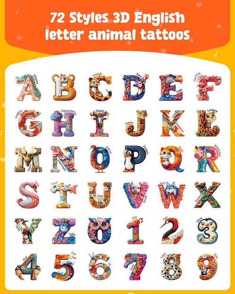 72 PCS Individually Wrapped Temporary Tattoos - ABC Animal & Wildlife Designs, Pre-Cut for Birthday Party Favors & Creative Expression