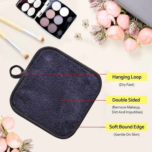 Skiennix Makeup Remover Cloths - Reusable Microfiber Cleansing Pads, 5x5 Inch, 6 Pack (Black)