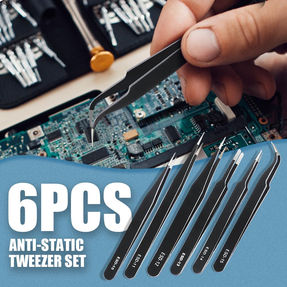 CHERALKEST 6 Pcs Precision Tweezers Set, Premium Anti-Static Stainless Steel Tweezer, ESD Curved of Tweezers for Electronics, Craft, Laboratory Work, Jewelry-Making, etc