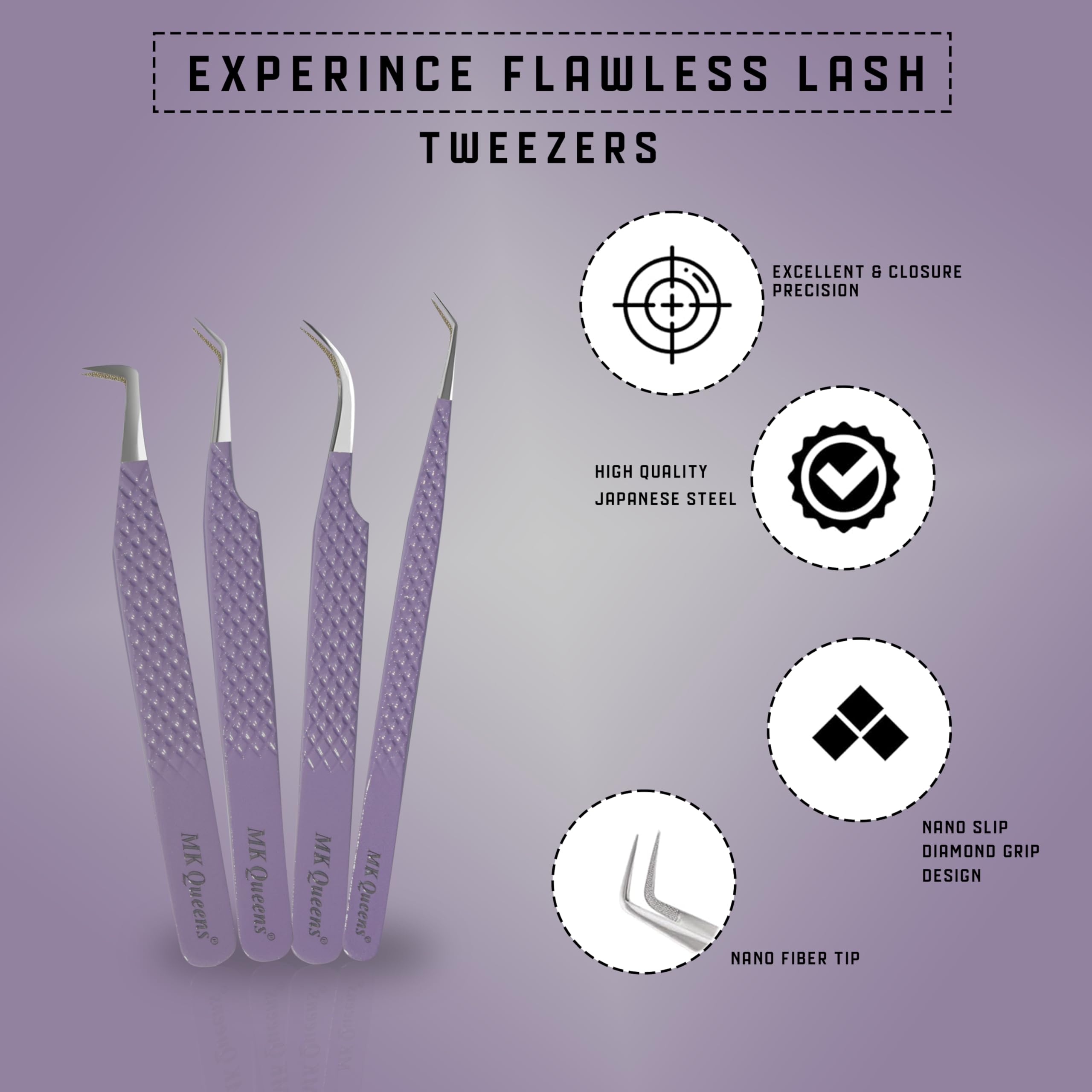 MK Queens Lash Tweezers - Stainless Steel Fiber Tip Eyelash Tweezers (Set of 4) - Diamond Grip Professional Lash Tweezers for Eyelash Extensions (Purple)