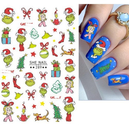 6 Sheets Christmas Nail Art Decals 3D Self-Adhesive Cartoon Xmas Nail Stickers Design WinterXmas Funny Green Monster Nail Decals Christmas Nail Decals Supplies for Women Nail Art DIY Manicure