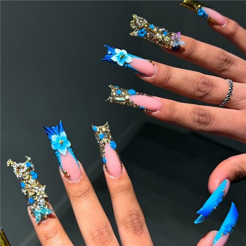 Long Square Press on Nails Fake Nails Artificial Nail Stick on Nail for Women Blue Flower and Butterfly Design with 3D Gold Diamonds and Pearl Accents on Light Pink Base