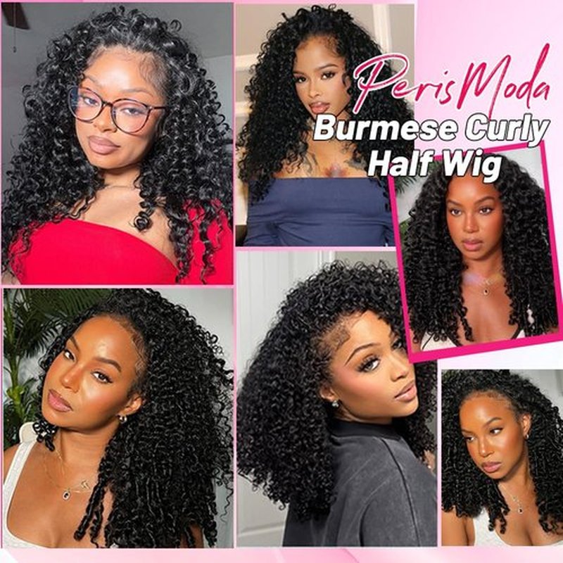 PERISMODA Burmese Curly Half Wig Glueless Wigs Human Hair with Spiral Curly End 200% Density 3 IN 1 Kinky Curly Human Hair Half Wig With Drawstring Seamless Clip Ins Flip Over Natural Color 18 Inch
