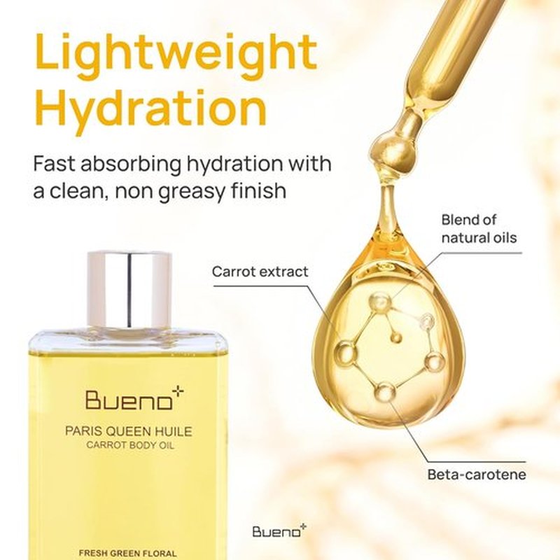 Bueno | Paris Queen Carrot Body Oil - Hydrates & Protects Skin with Carrot Extract | 6.7 Fl Oz