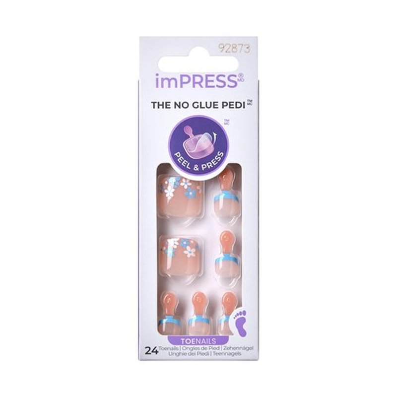 KISS imPRESS No Glue Pedi Press-On Nails, Design, 'Paradise Ticket', Light Beige, Short Size, Squoval Shape, Includes 24 Nails, Prep Pad, Instructions Sheet, 1 Manicure Stick, 1 Mini File