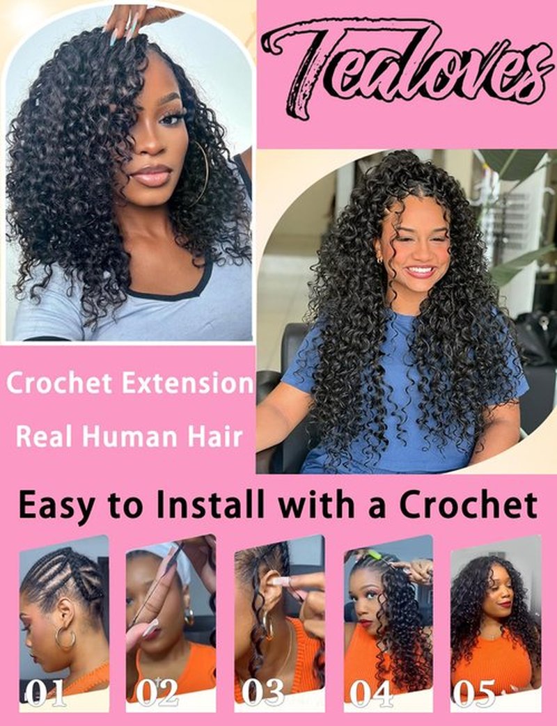 Tealoves Human Crochet Hair Curly 16inch 120g Crochet Human Hair Pre Looped Deep Wave Crochet Bundle Pre-Separated Feather Knotless Invisible Curly Crochet Hair for Women 1B