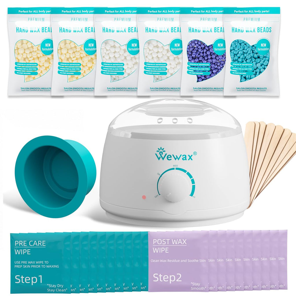 Waxing Kit for Women - Wewax Wax Warmer for Hair Removal, Hard Wax Kit with 50g 6 Bags Hard Wax Beans for Full Body, Legs, Arms