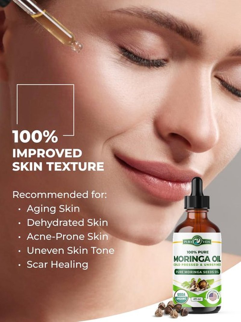 100% Pure Moringa Oil Organic for Face, Hair, Nails and Dry Skin - USDA Certified Single Origin Moringa Oleifera Seeds Extract - 3rd Party Tested, Cold Pressed & Unrefined Organic Moringa Seed Oil