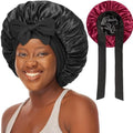 Double Layered Silk Satin Bonnet with Tie for Sleeping Black Women, Wide Band Large Hair Wrap Sleep Cap Bonnet for Curly Hair Braid, Black Wine-Red