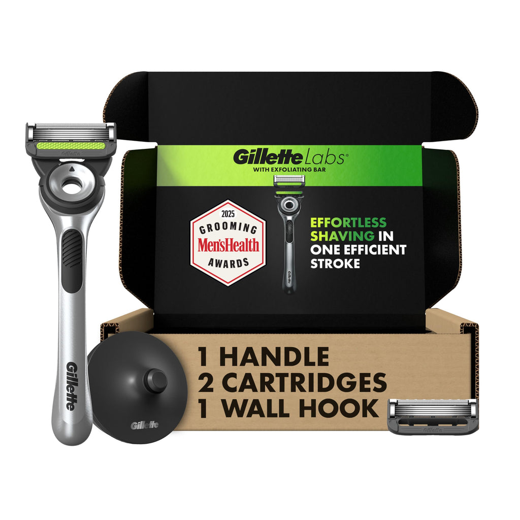 Gillette Labs Men's Razor Set, 1 Shower Hook, 1 Handle, 2 Blade Refills, Silver and Black