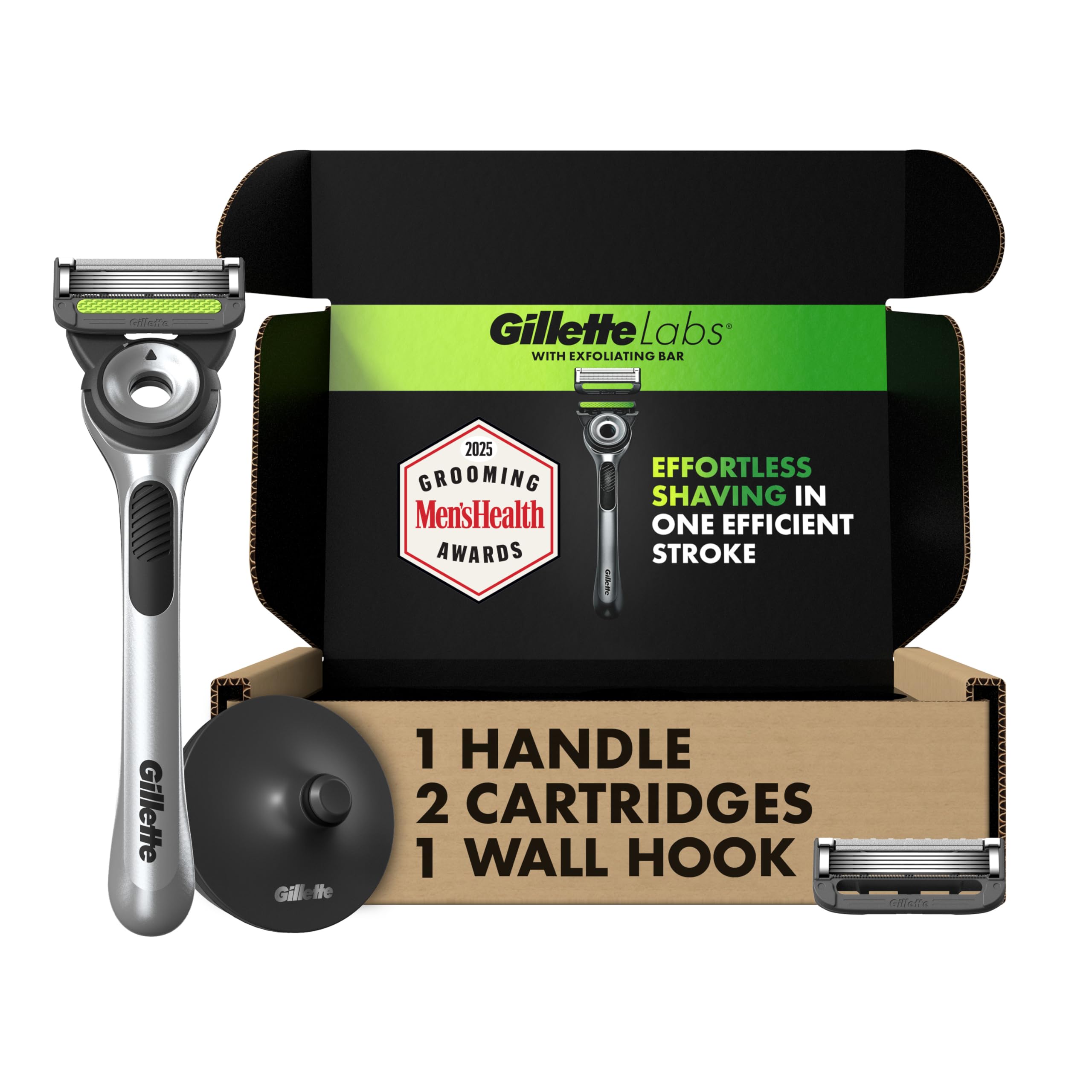 Gillette Labs Men's Razor Set, 1 Shower Hook, 1 Handle, 2 Blade Refills, Silver and Black