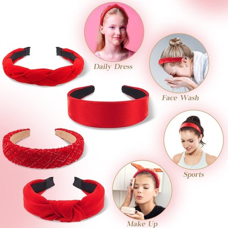 Taiyin 4 Pack Red Headbands for Women, Knotted & Braided Satin Velvet Hairbands, Criss Cross Wide Headband Set, Valentine's Day Gift Hair Accessories