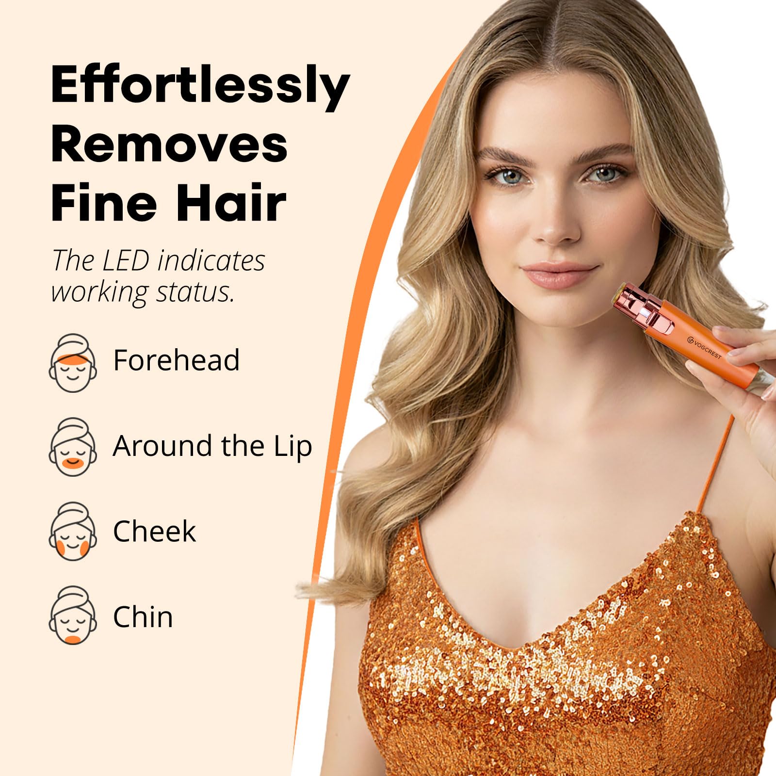 VG VOGCREST Eyebrow Facial Trimmer: 2 in1 Rechargeable Facial Hair Removal and Eyebrow Shaver - Face Lips Body Painless Facial Razor with Built-in LED Light (Orange)