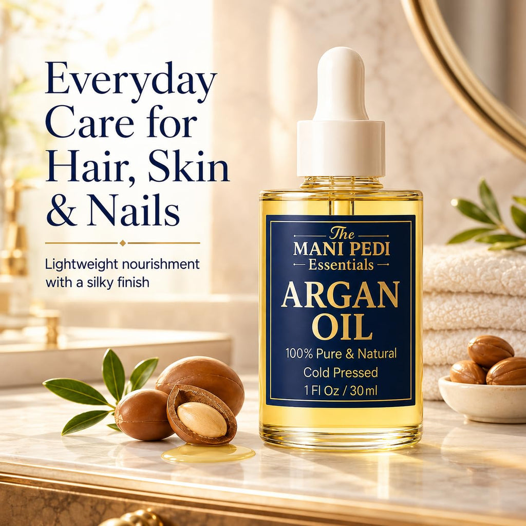 The Mani Pedi Essentials TMPE Argan Oil for Hair & Skin – 100% Pure Cold-Pressed Argan Oil, Lightweight Non-Greasy Hair Oil for Dry Damaged Hair, Face & Body Moisturizing Oil, Daily Use – 1 fl oz