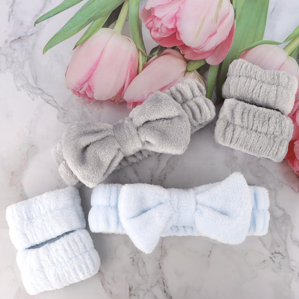 WHAVEL 6PCS Spa Headband and Wristbands Set, Face Wash Headband Wrist Bands for Washing Face Skincare Makeup Hair Band Skin Care Accessories Tools，Blue&Gray