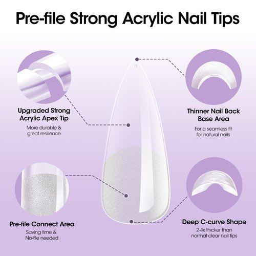 Gellen Long Almond Tipex Nail Tips, 320pcs Instant Apex Nail Tips, 16 Sizes Pre-builder Gel Tips Long Stiletto Almond Strong Full Cover False Nail Tips Gel Extension Tips for Flat Nails